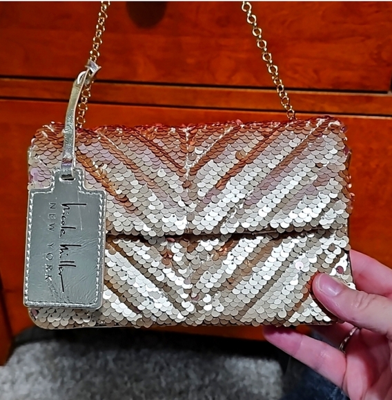 NWT Nicole Miller Gold Sequin Chain Strap Crossbody Small Bag - Picture 6 of 9